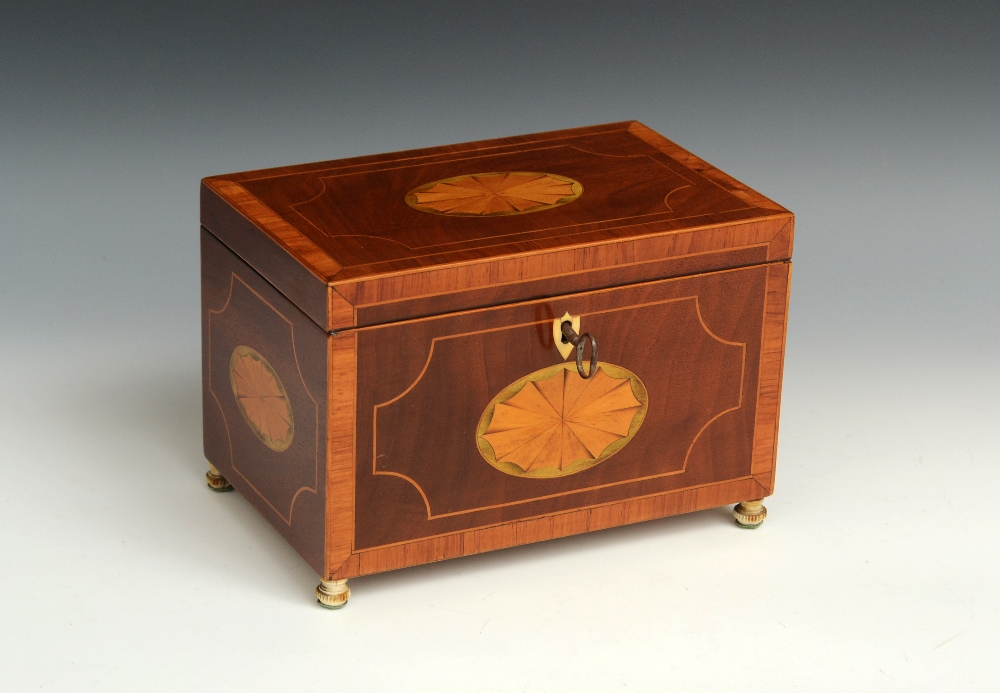 A George III mahogany rectangular tea caddy, hinged cover enclosing a pair of lidded compartments,