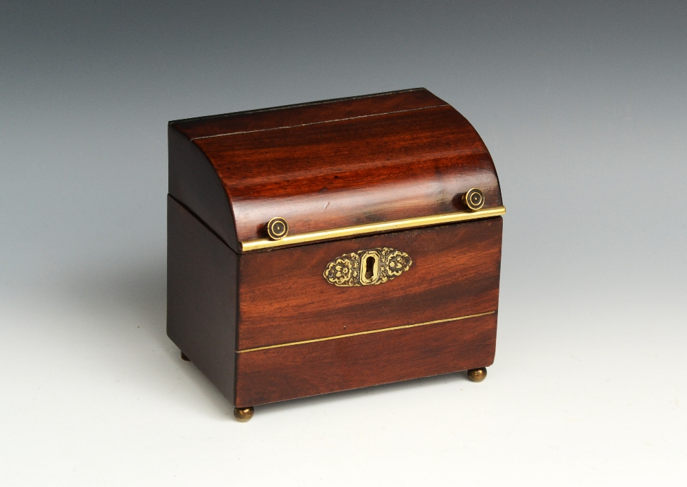A 19th century brass mounted mahogany novelty tea caddy, as a miniature cylinder bureau, hinged