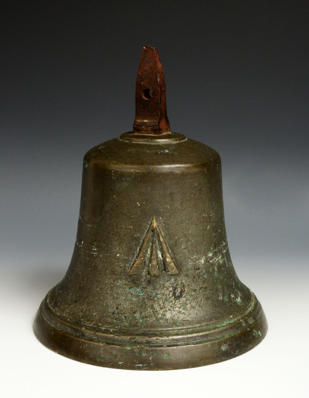 A 19th century bronze military bell, possibly from a ship, iron tang, cast broad arrow mark, 21cm