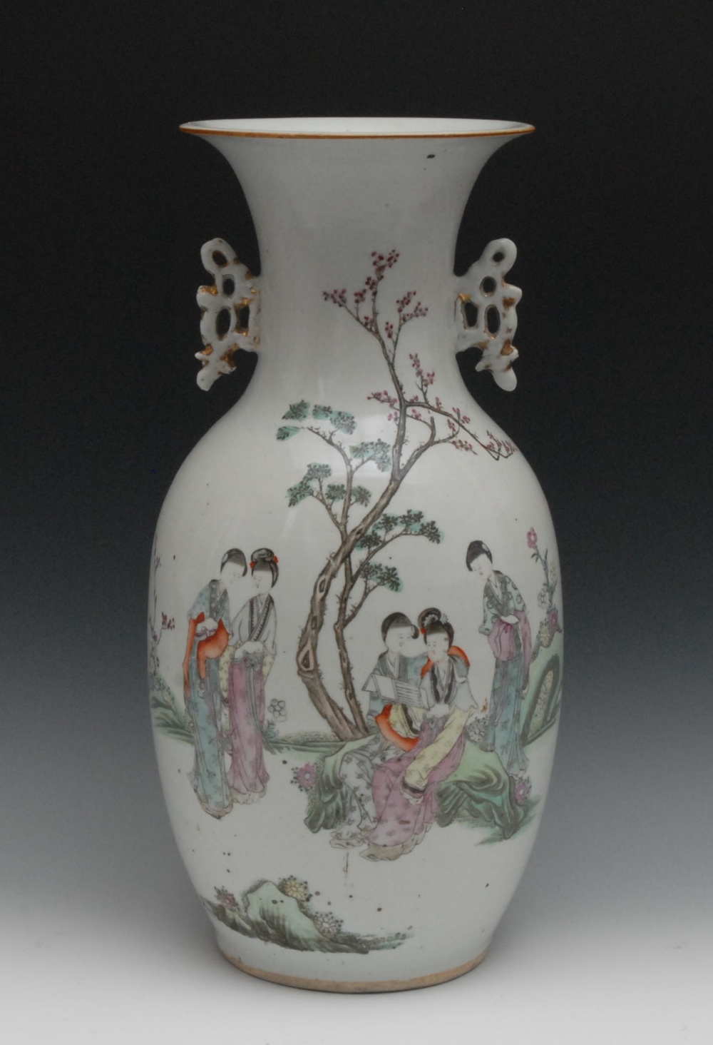 A Chinese ovoid vase, painted in the Famille Verte palette with ladies of the court, in a garden