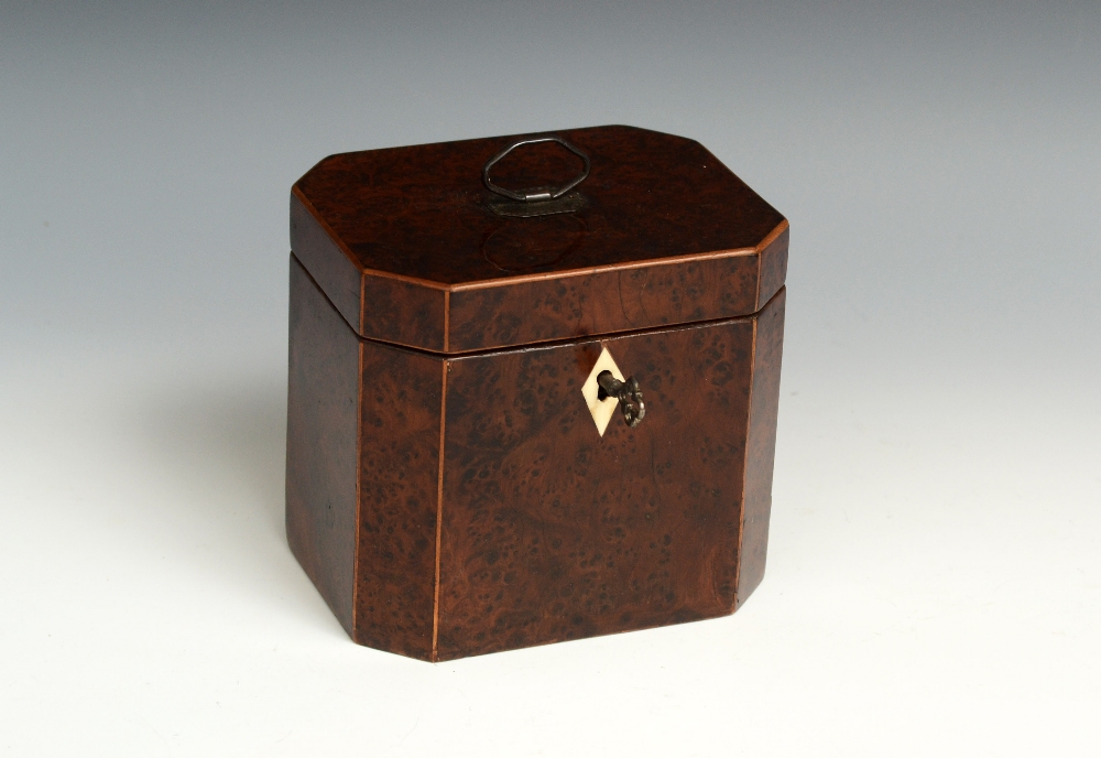 A small George III burr yew canted rectangular tea caddy, hinged cover with sheffield plate