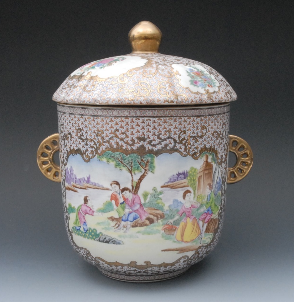 A Chinese porcelain cylindrical jar and cover, painted in polychrome with European figures