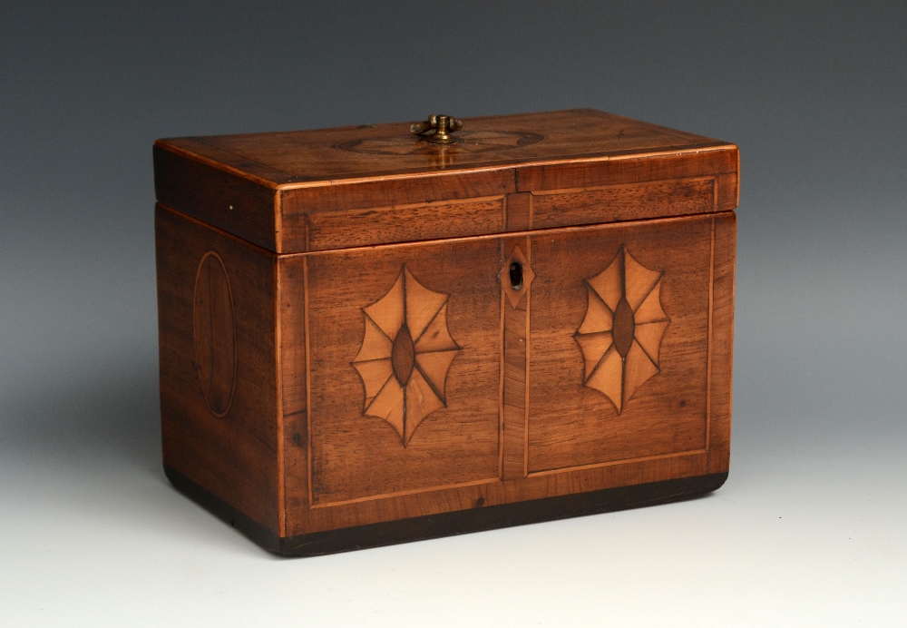 A George III mahogany rectangular tea caddy, hinged cover enclosing a pair of lidded compartments,
