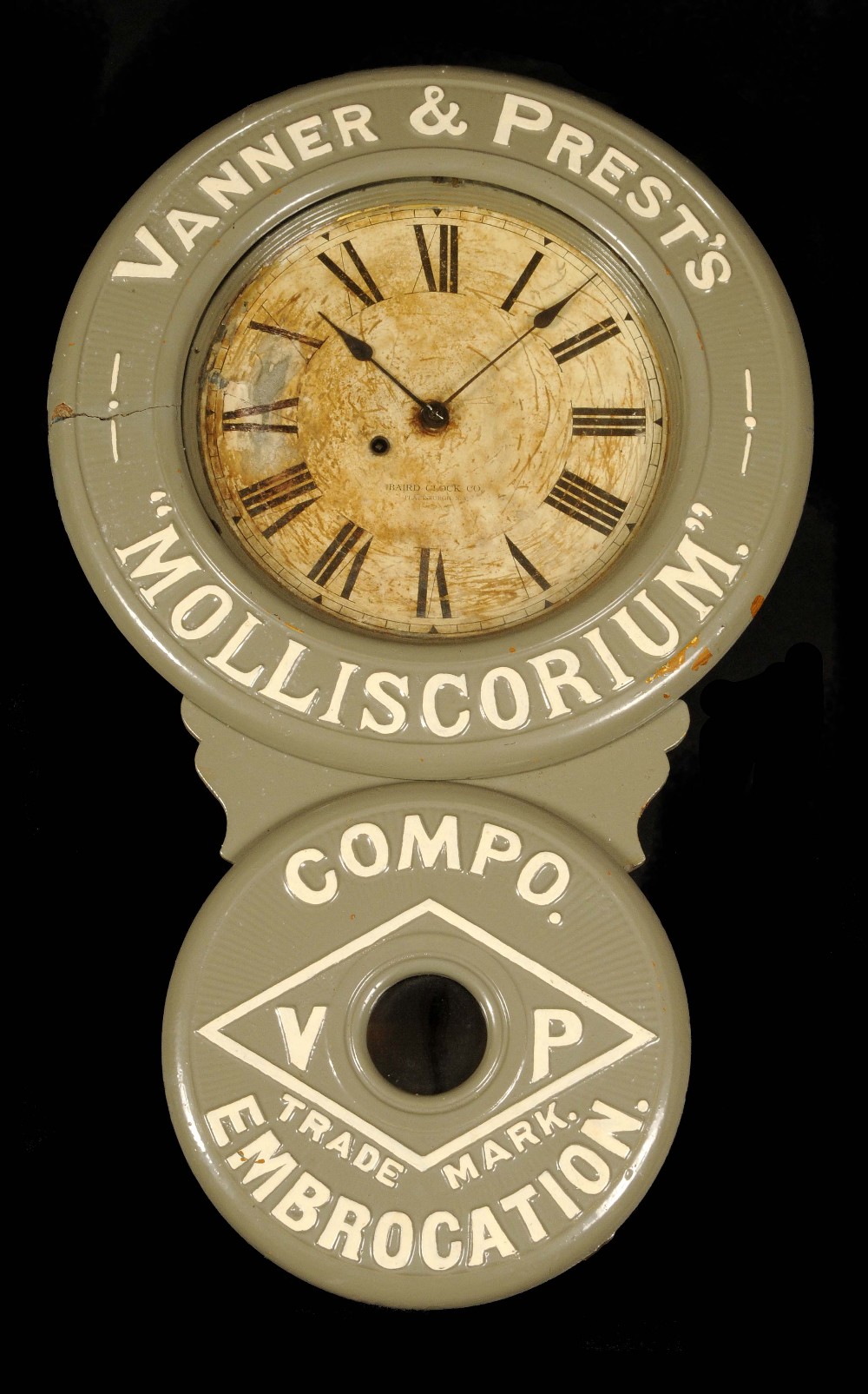 A 19th century advertising drop dial wall clock, Vanner & Prest`s `Molliscorium` Compo VP
