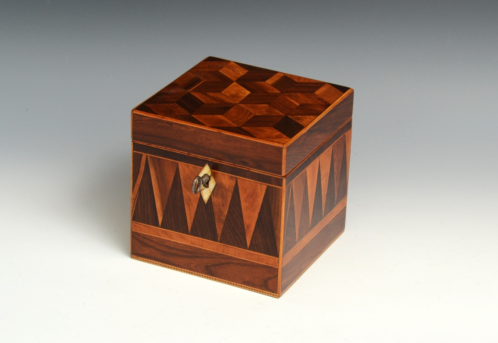 A Victorian rosewood and parquetry cube tea caddy, hinged cover inlaid with tumbling blocks, the