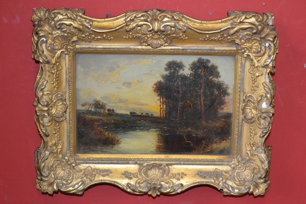 English School (Late 19th Century) Sunset Across the River indistinctly signed, oil on panel, ornate