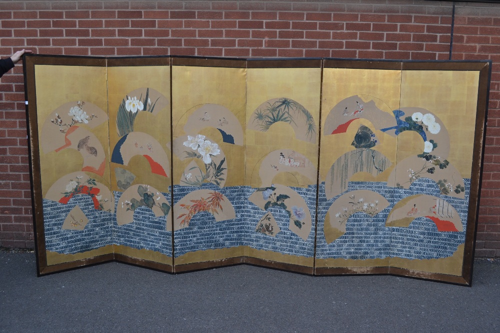 An early 20th century Japanese six leaf screen, painted in watercolours with figures, flowers and