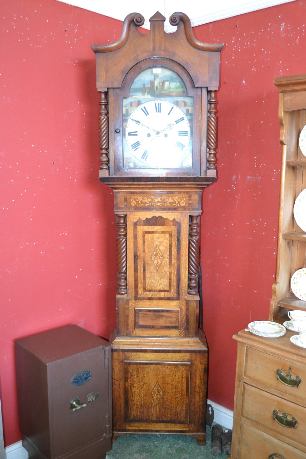 A Victorian oak, mahogany and marquetry longcase clock, 35cm arched painted dial inscribed Thompson,