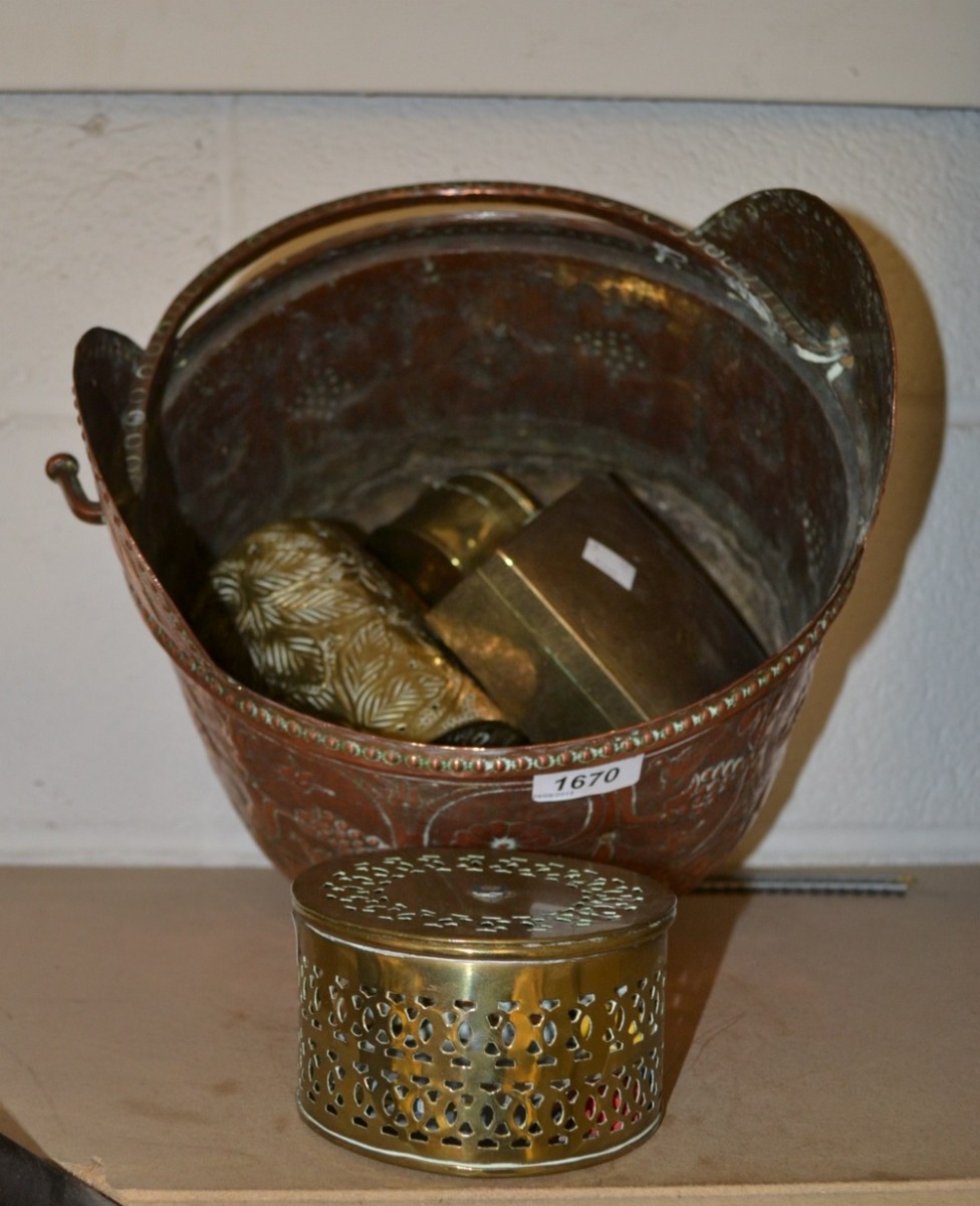 A Persian style embossed copper swing-handled bucket; brass boxes and covers; etc.