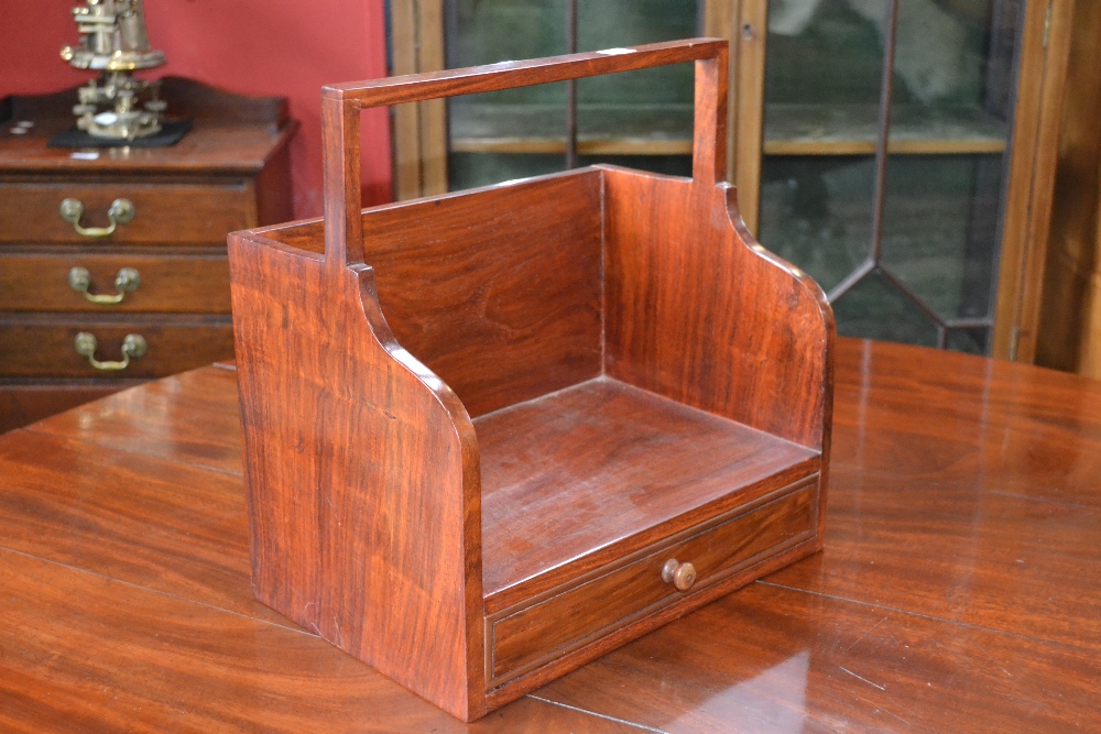 An early 20th century mahogany table top utensil caddy, open top, single base drawer, c.1920