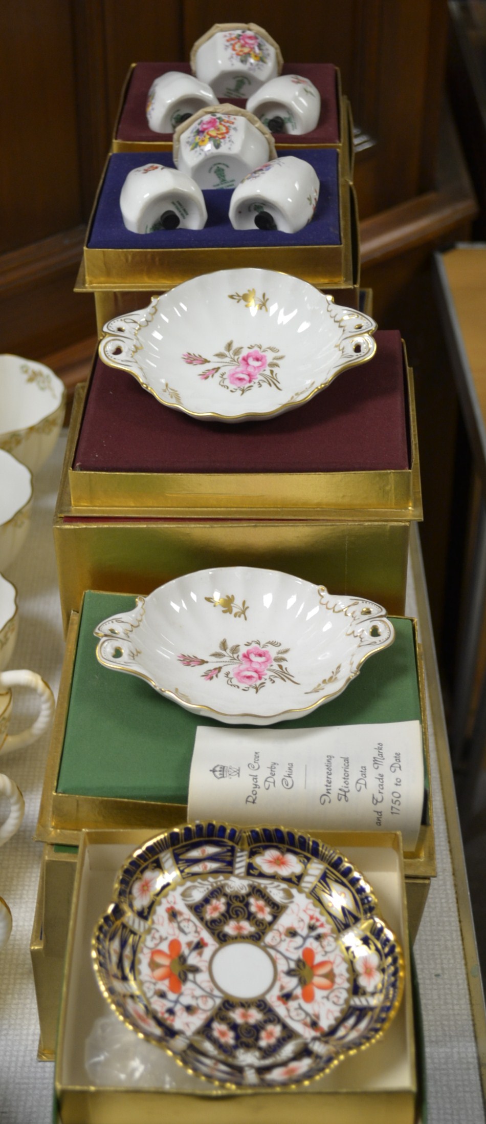 A Royal Crown Derby 1451 traditional imari petal trays boxed; Pinxton rose dutchess trays boxed;