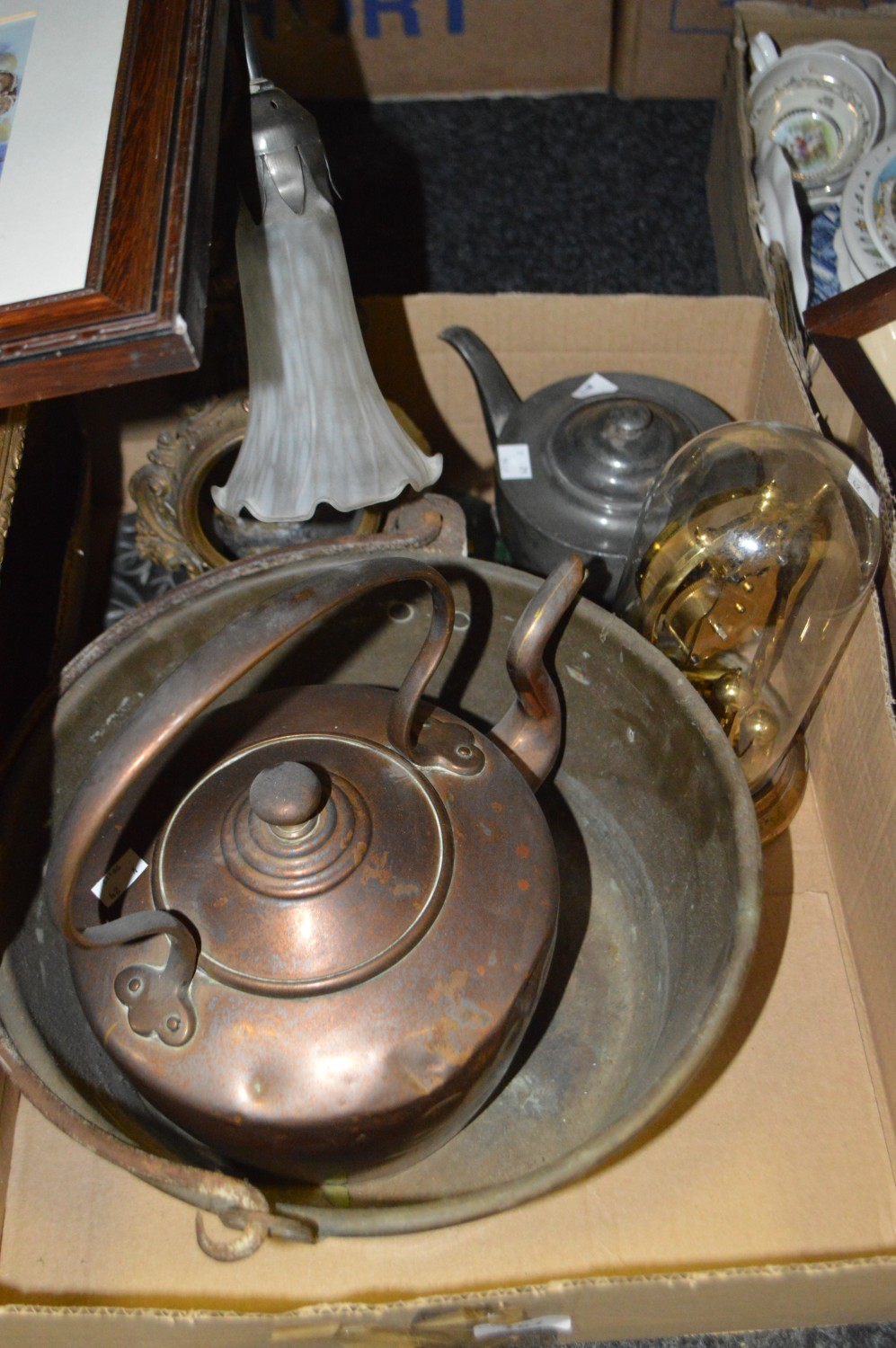 Metalware- clock case; pewter teapot; jam pan; copper kettle; pictures and prints; etc