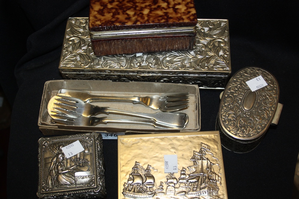 Set of four silver forks; Elizabeth II Silver Jubilee commemorative coin; pewter trinket boxes