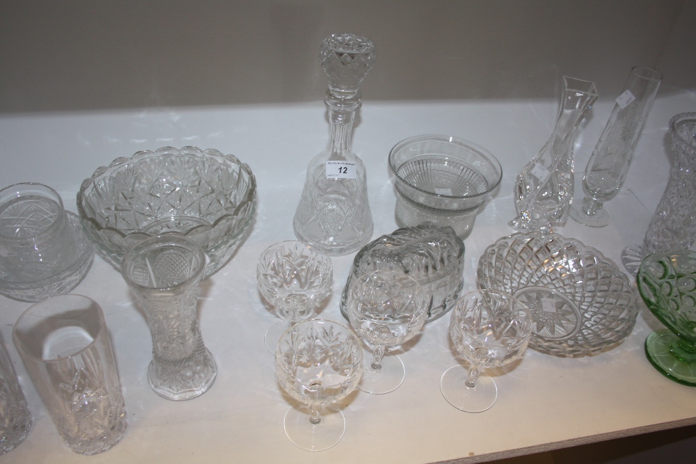 Glassware- pressed glass bowls, jelly mould, bud vases, decanters etc