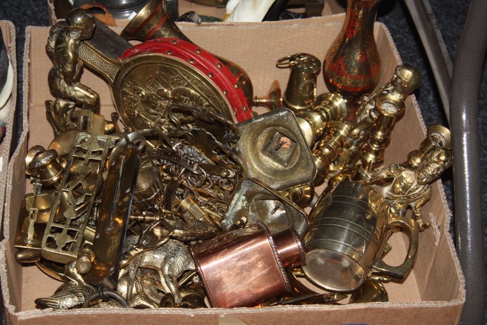 Brassware - a quantity of assorted brassware, including figures, bellows, vases and candlesticks,