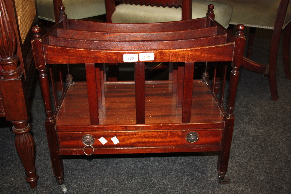 A Georgian style mahogany Canterbury with turned supports, late 20th century