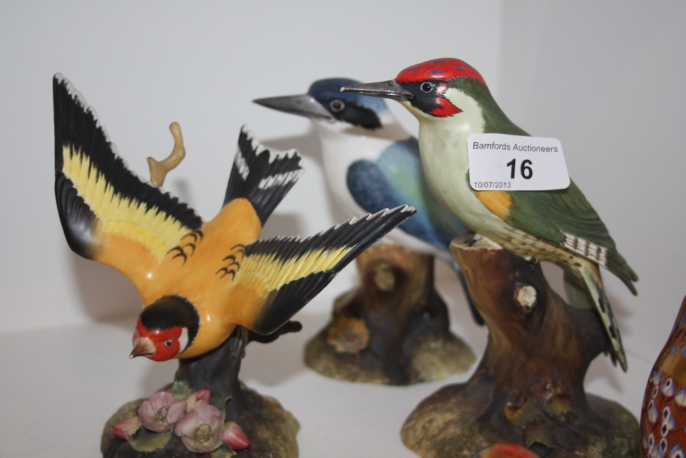 A Royal Crown Derby woodpecker; goldfinch; kingfisher (3)