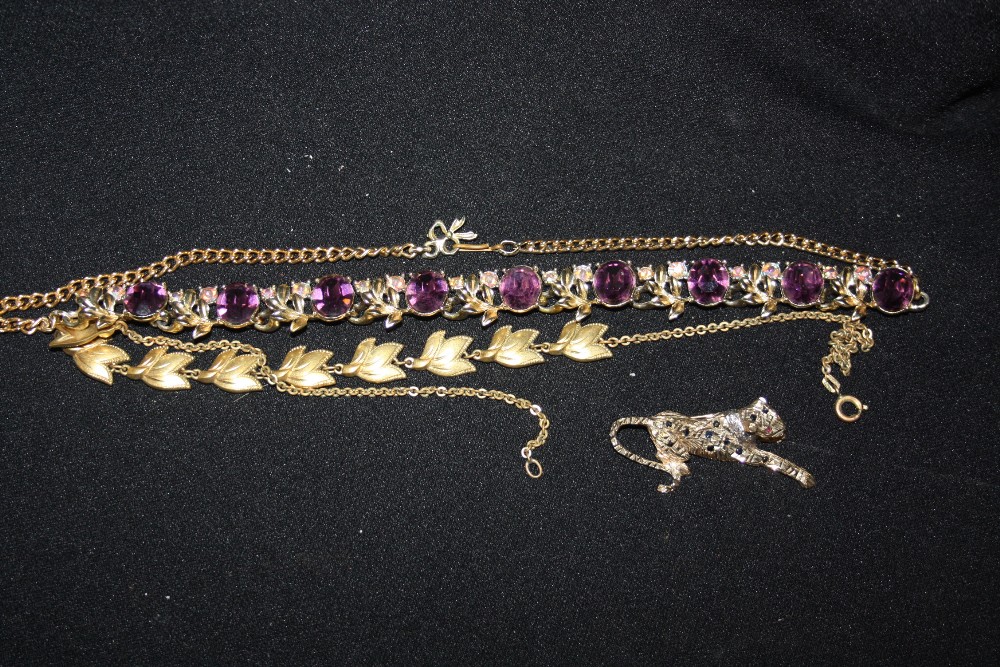 Fashion Jewellery - a Wallace Simpson leopard brooch;  purple stone necklace;  etc