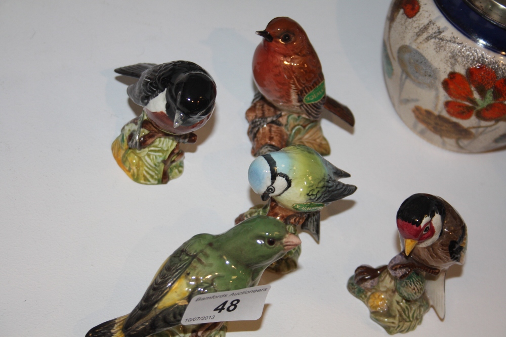 Five Beswick birds, a Goldfinch, gloss, model no. 2273; a blue tit, gloss, model no. 992; a robin,