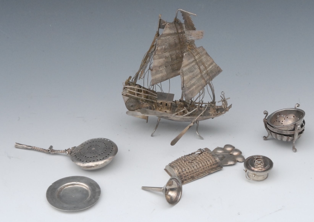 A Chinese silver novelty miniature model of a tall masted sailing ship, 14cm high, characters to