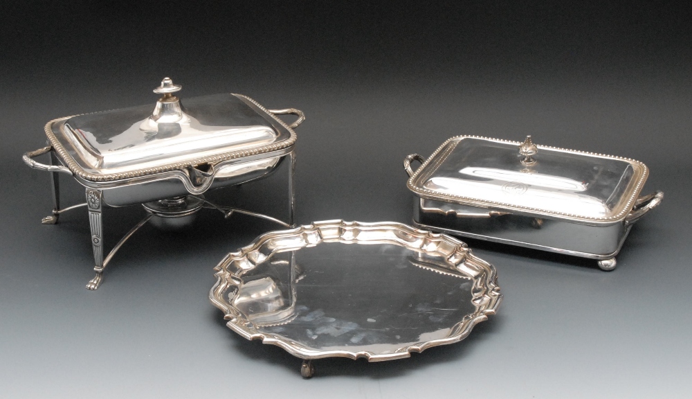 An E.P.N.S rounded rectangular chafing dish and burner, oval knop finial, slightly domed cover,