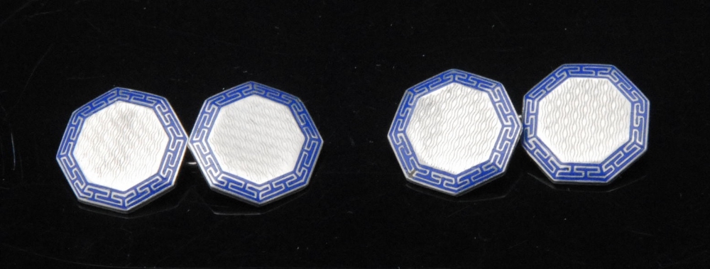 A pair of gentleman`s platinum  and enamel octagonal cufflinks, engine turned, banded in blue enamel