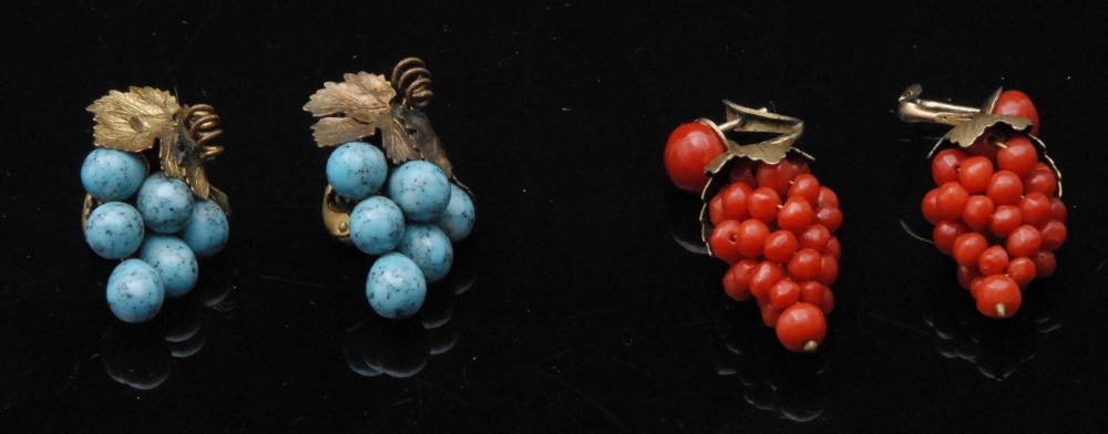 A pair of Victorian coral and pinchbeck earrings, as bunched grapes hanging from vine, 3.5cm long,