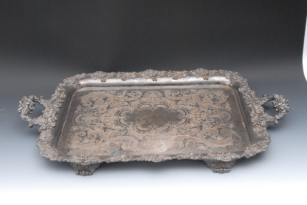 A Victorian E.P. on copper shaped rectangular two-handled serving tray, the field engraved with