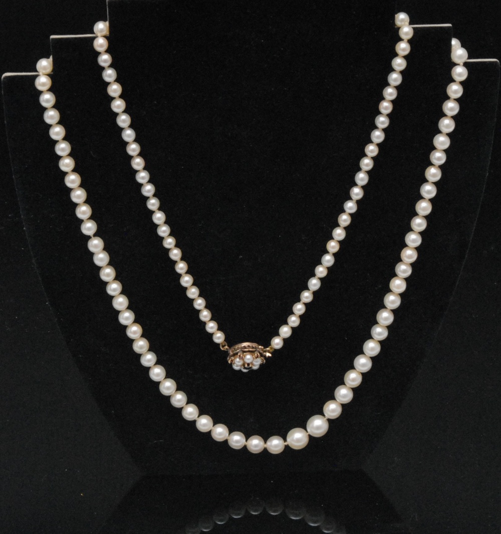 A string of graduated cultured pearls, the clasp set with garnets and pearls, 9ct gold mount