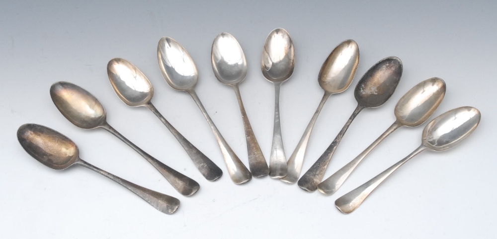 A matched set of eight George II Old English pattern dessert spoons, crested, Samuel Roby, other