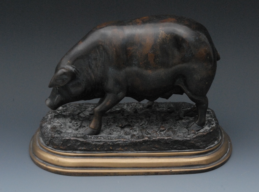 Jules Moigniez (1835 -1894), after, a dark patinated bronze, A Prize Sow, the rotund pig stands on
