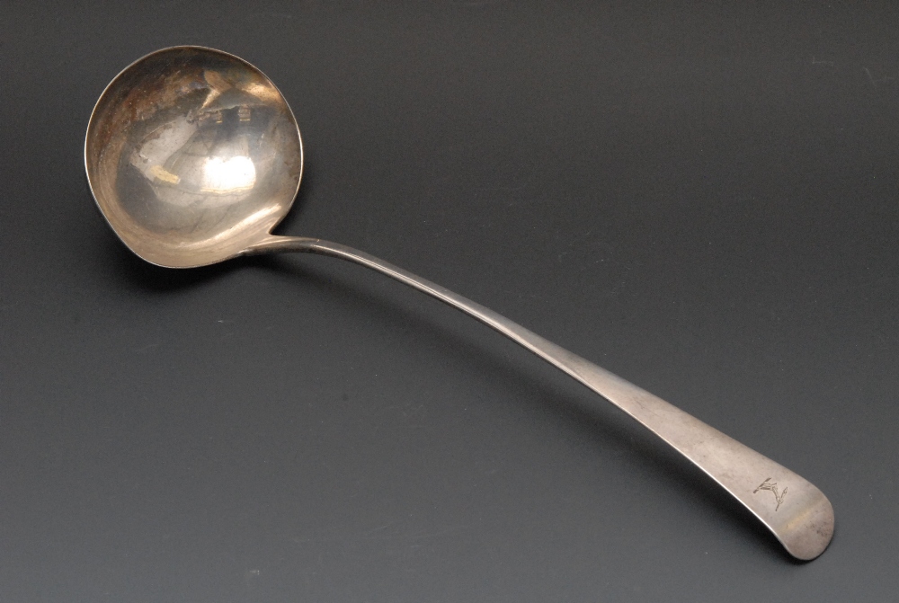 A George III Old English pattern soup ladle, oval bowl, crested, 33cm long, William Sumner, London