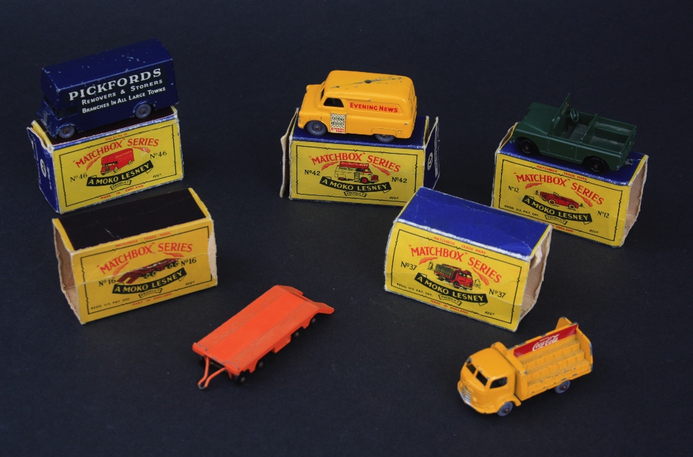 Matchbox `Moko Lesney` models, comprising No.12 (12a) Land Rover, boxed; No.16 (16b) Super