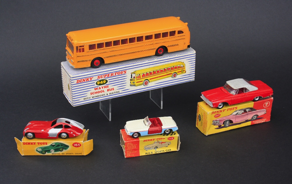 Dinky Supertoys 949 Wayne school bus, deep orange body, red plastic hubs, boxed - blue and white