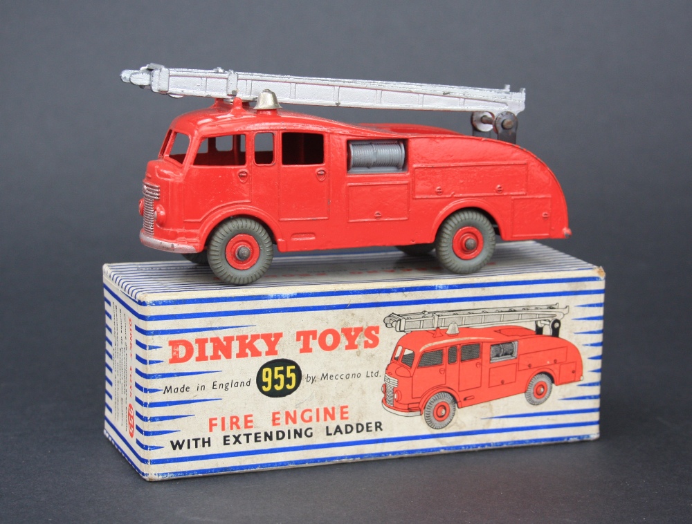 Dinky Toys 955 Fire Engine, red body, silver extending ladder and bells to roof, red hubs and grey