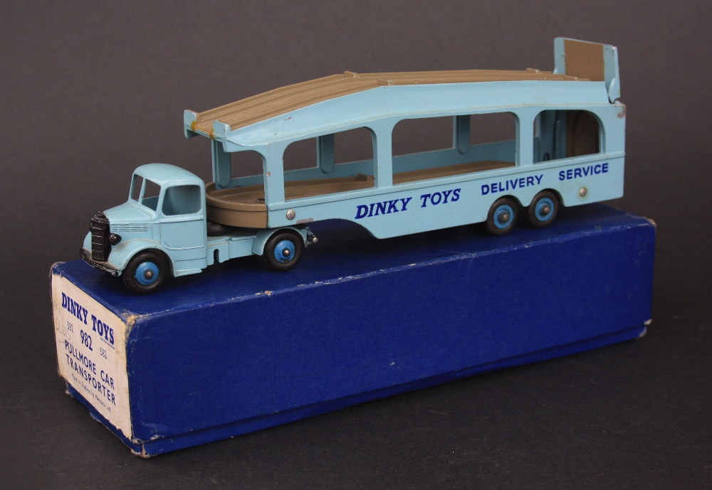 Dinky Toys 582/982 Pullmore car transporter, pale blue cab and transporter, blue hubs, decals to