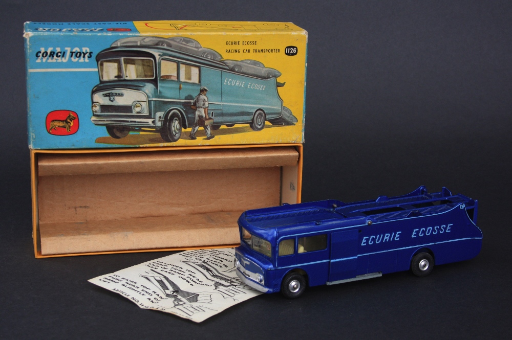 Corgi Major Toys 1126 Ecurie Ecosse Racing Car Transporter, metallic dark blue body, raised light