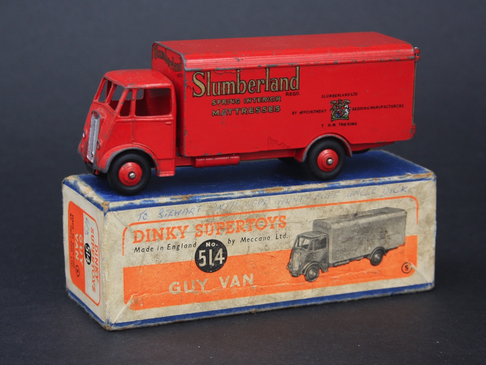 Dinky Supertoys 514 Guy van, red cab and chassis with red van, 1st type radiator, `Slumberland`