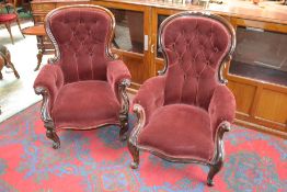 A lady`s and gentleman`s Victorian button back salon armchair (2)