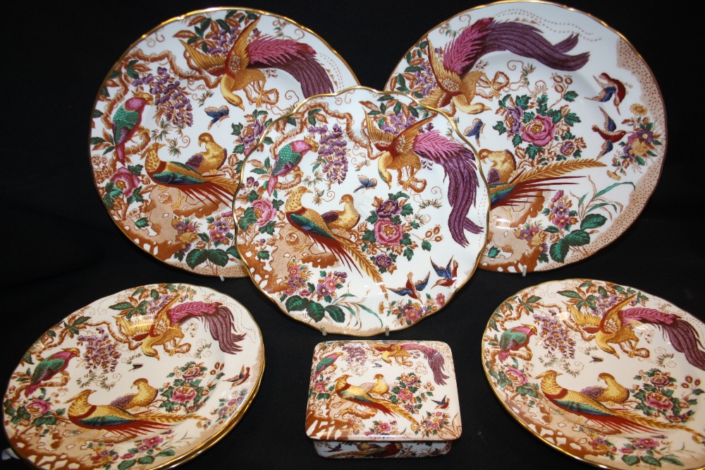 A pair of Royal Crown Derby Aves pattern dinner plates; three dessert plates; wavy edge plate;