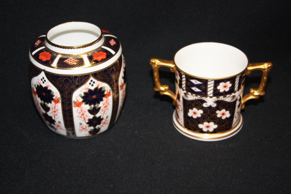 A Royal Crown Derby 1128 pattern ginger jar; A 2451 two handled mug (2nd) (2)