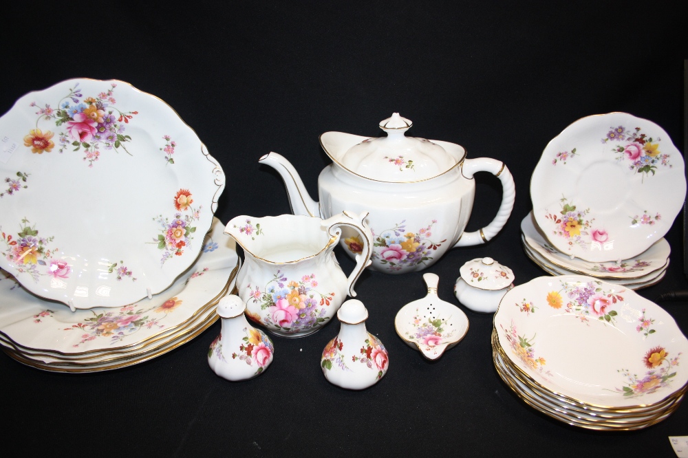 A Royal Crown Derby Posies pattern tea service; plates; condiments; etc