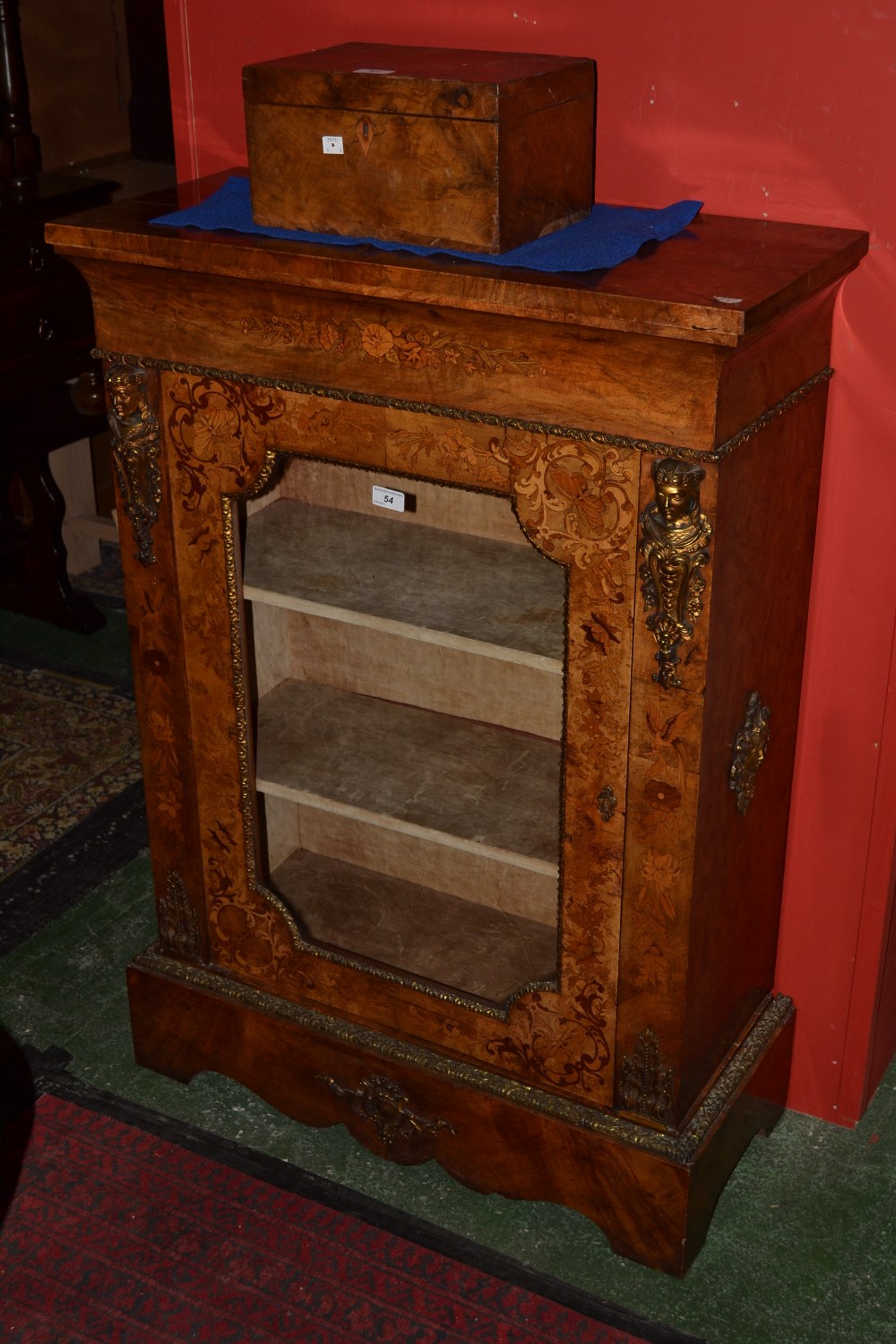 A pair of Victorian  rectangular ormolu mounted walnut and marquetry cabinets, tops with matched