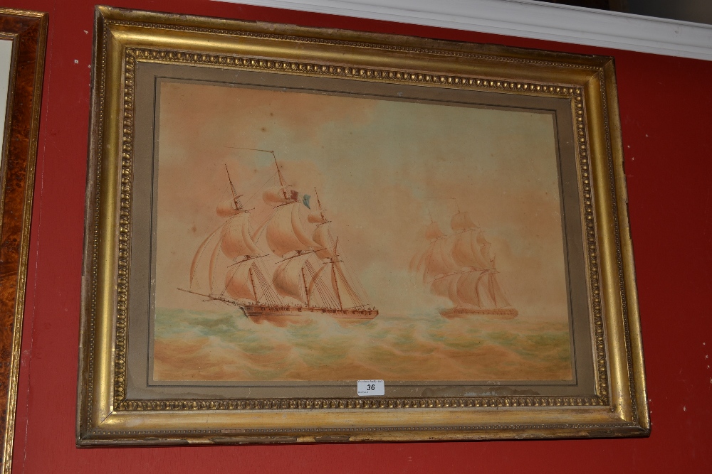 English School (19th Century) Shipping on Choppy Seas English Man Of War in pursuit of French