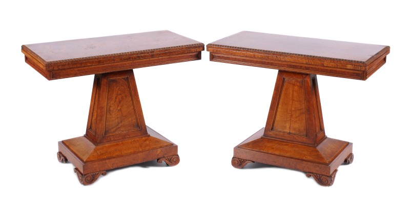 A pair of Regency pollard oak rectangular card tables in the manner of George Bullock:, the