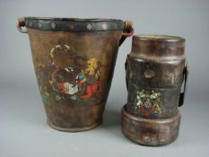 A leather shot bucket by B.H.& G. Ltd, and a leather bound fire bucket, both with polychrome
