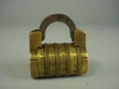 A Georgian brass cylindrical combination lock, arched steel bar engaged in a cylindrical body with