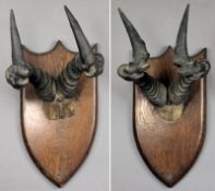 Two pairs of Antelope horns on oak shield plinths. Formerly from Tawstock Court, family home of