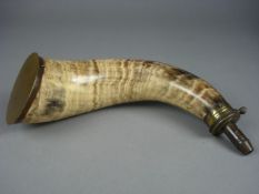 A horn and brass mounted powder flask by James Dixon & Sons, Sheffield, adjustable dram measure to