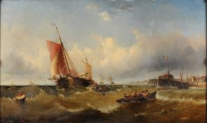 Attributed to John Cheltenham Wake [19th Century] Fishermen and shipping at the entrance to a